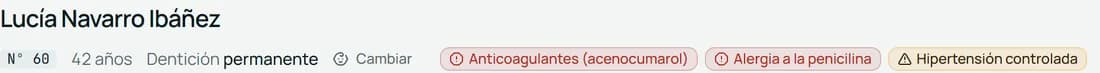 Cabecera de la ficha con las alertas médicas de la paciente: anticoagulantes, alergia a la penicilina e hipertensión controlada